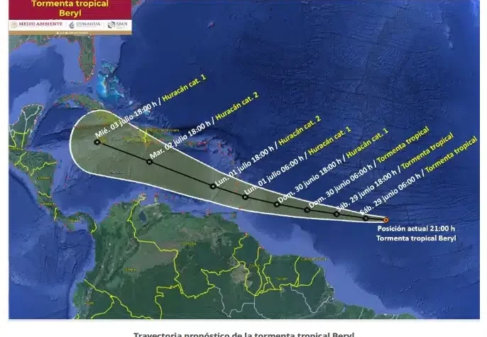 “Beryl” entraría a la península de Yucatán el próximo viernes (Conagua).