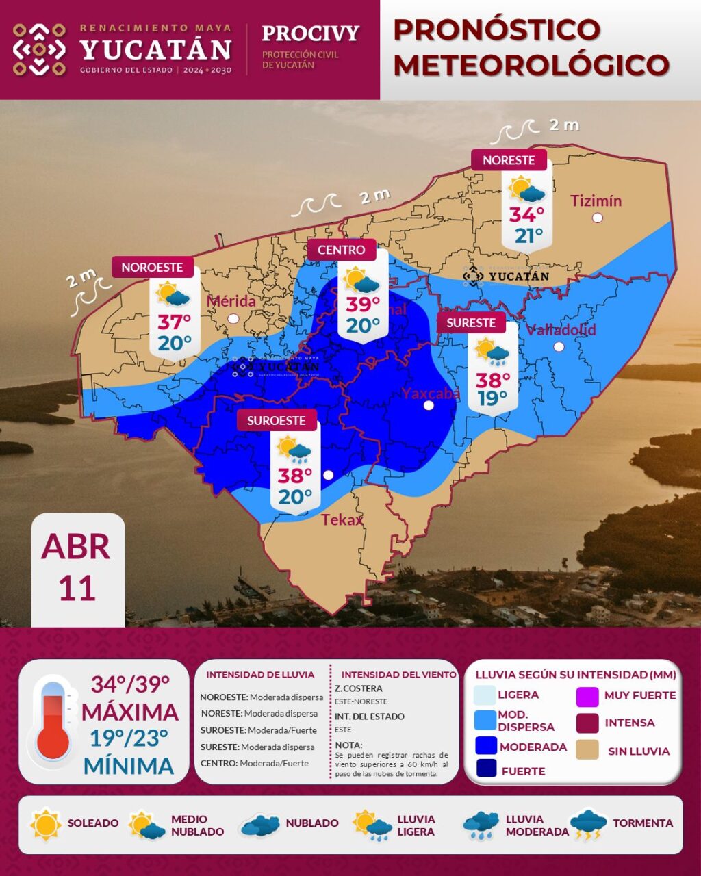 Sábado caluroso con lluvias por la tarde en Yucatán