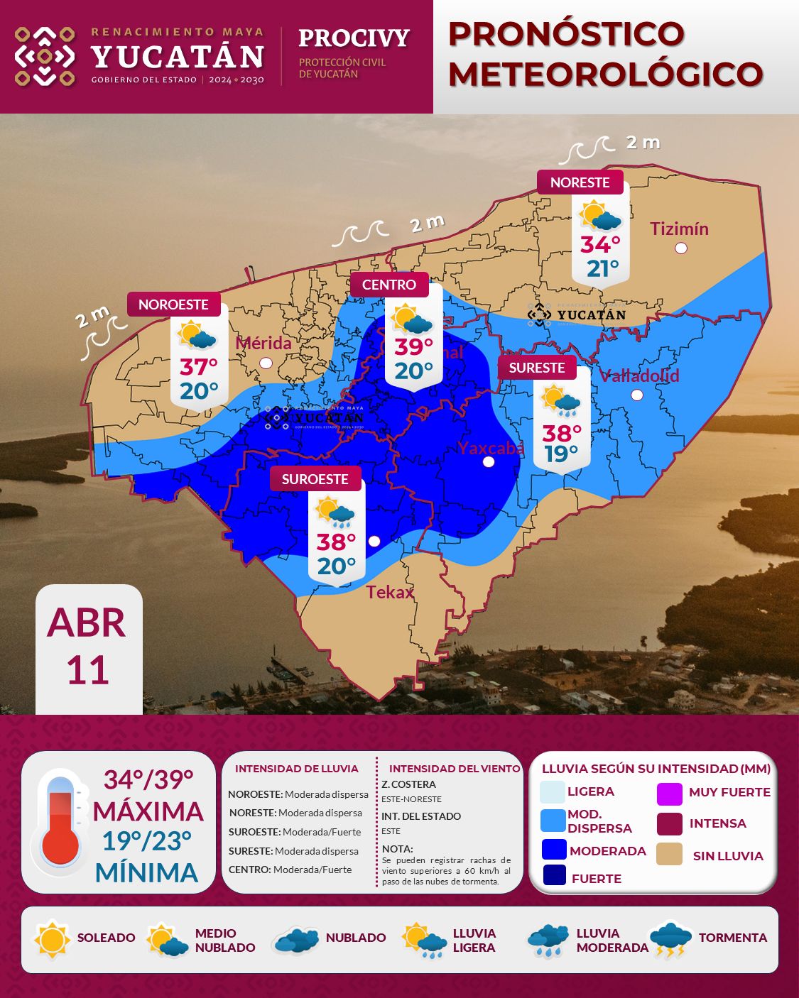 Sábado caluroso con lluvias por la tarde en Yucatán