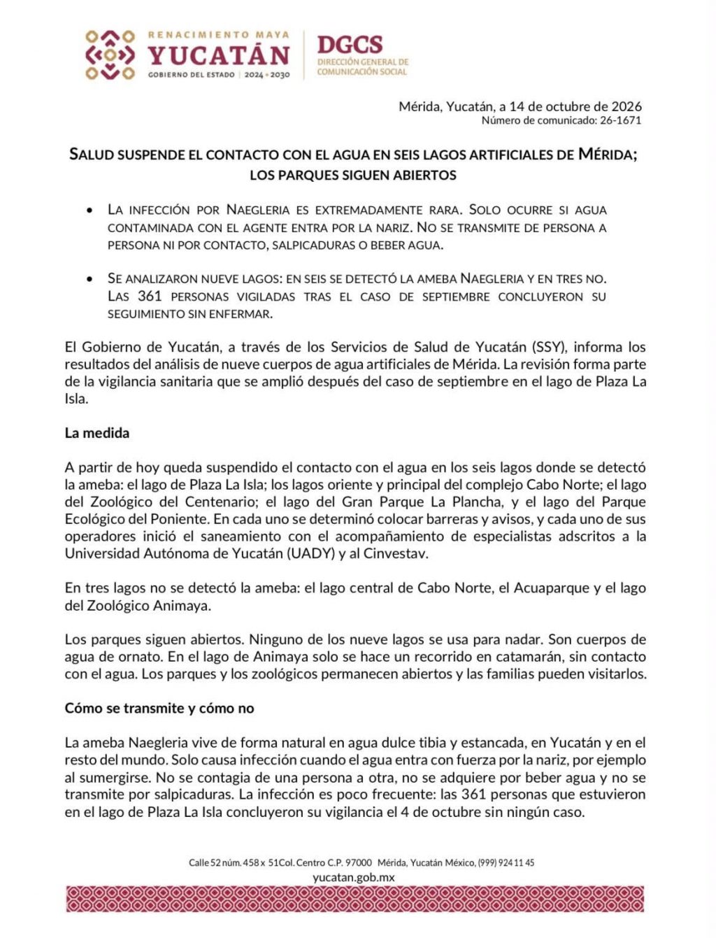 Salud suspende el contacto con el agua en seis lagos artificiales de Mérida; los parques siguen abiertos